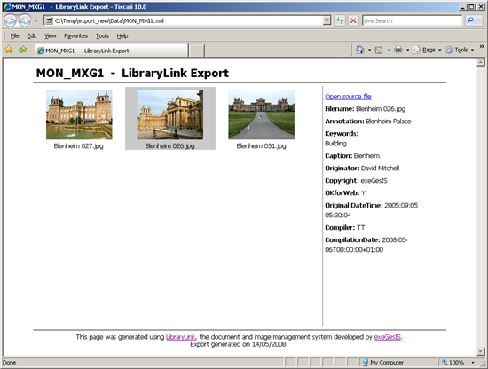 LibraryLink browser view of exported XML and images